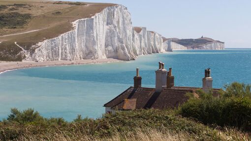 View of the Seven Sisters and Belle Tout Lighthouse from Cuckmere Haven South Downs in East Sussex