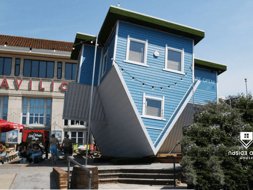 Bouurnemouth blue upside down house with pointed roof facing the ground