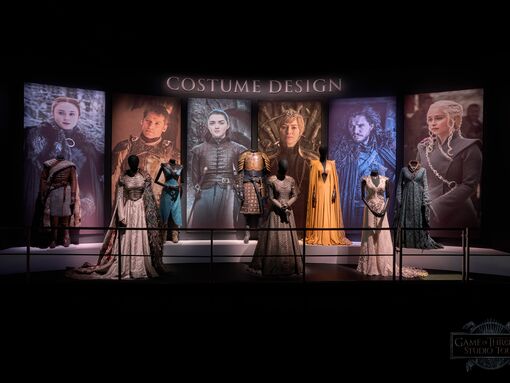 Costume designs on set for five characters from Game of Thrones