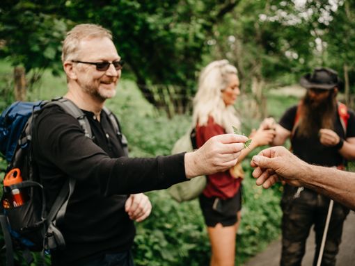 A man in sunglasses takes a foraged plant into his hand to eat