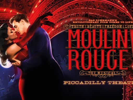Moulin Rouge poster at Piccadilly Theatre showing a romantic Paris background