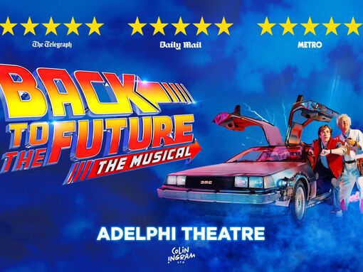 Back to the Future musical in London with Doc Brown and Marty McFly in front of the Delorean
