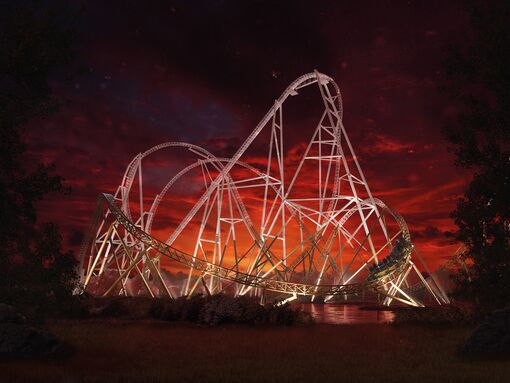 The rollercoaster Hyperia running on a spooky red-sky evening at the Thorpe Park Fright Nights event