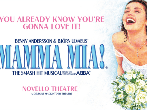 A joyful woman in a white dress holds a bouquet of white flowers. She is laughing with her head tilted back. The words MAMMA MIA! in blue are vertically aligned on the left side.