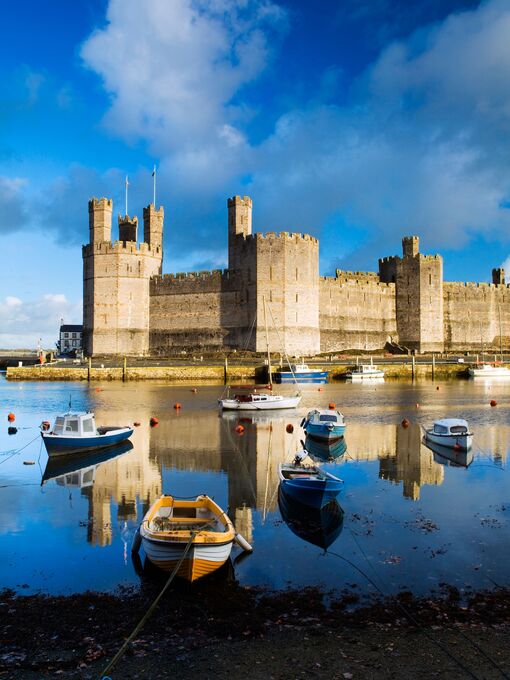 Rowing boats on the water in front of a large castle