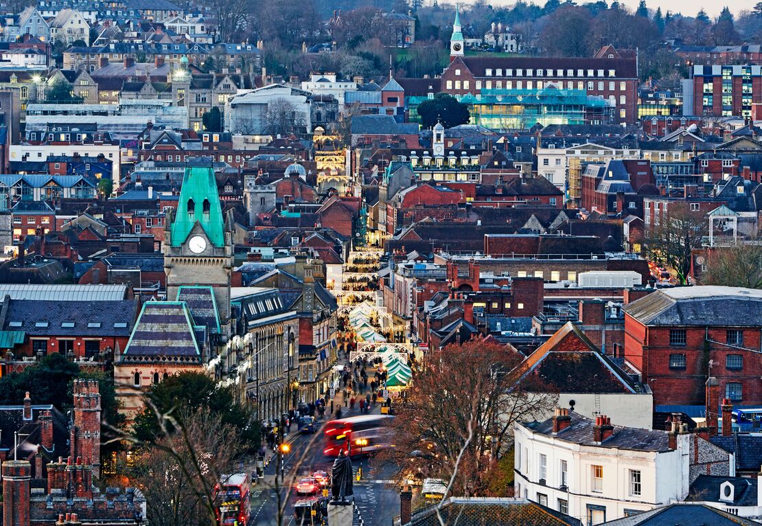 Aerial view of a busy Winchester at Christmas