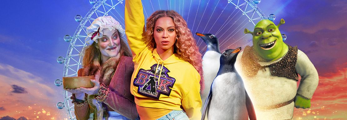 Merlin 5in1 artwork portraying Beyonce, Shreck and London Dungeons performances