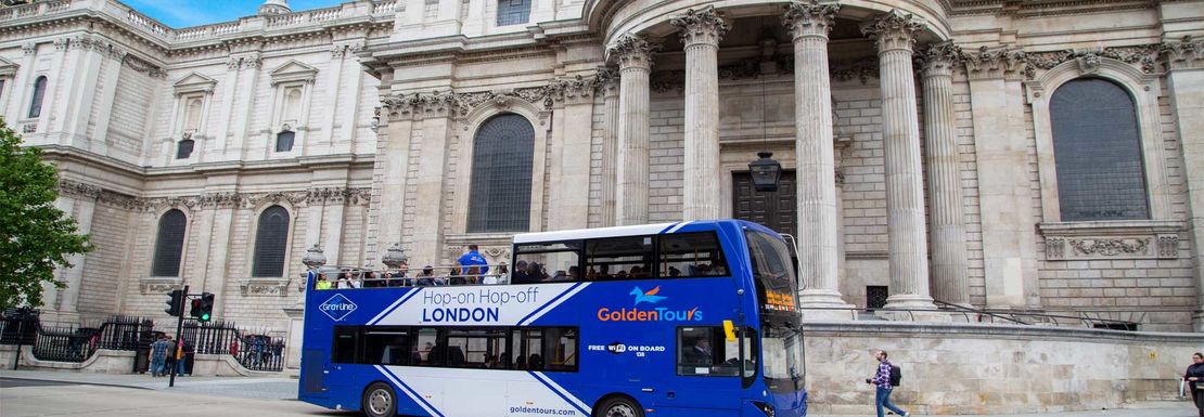 Hop on hop off London Bus Tour Route stop next to St. Paul's Cathedral