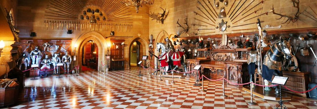 The Great Hall at Warwick Castle with its magnificent chess board pattern floor