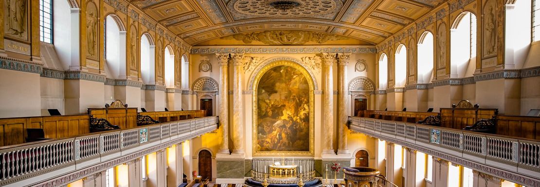 Old Royal Naval College Chapel is a beautiful room with light streaming in from the sides
