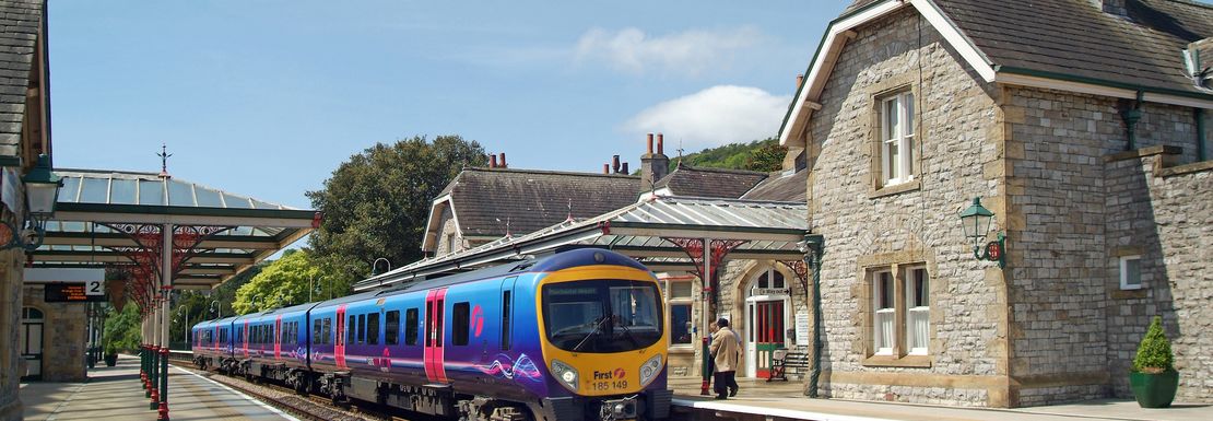 BritRail M-Pass _ ACP _ Train approaching Grange-over-sands station aaiting the First TransPennine Express train service