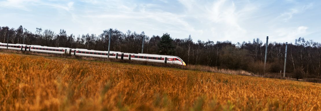 A train over a bridge near Retford you can board with a BritRail Euro GB M-Pass