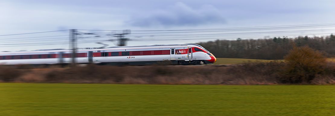 A train over a bridge near Retford you can board with a BritRail Euro GB M-Pass