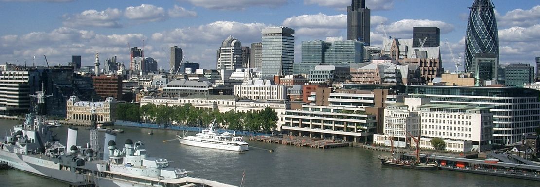 Panoramic of HMS Belfast location by the river Thames near the city of London