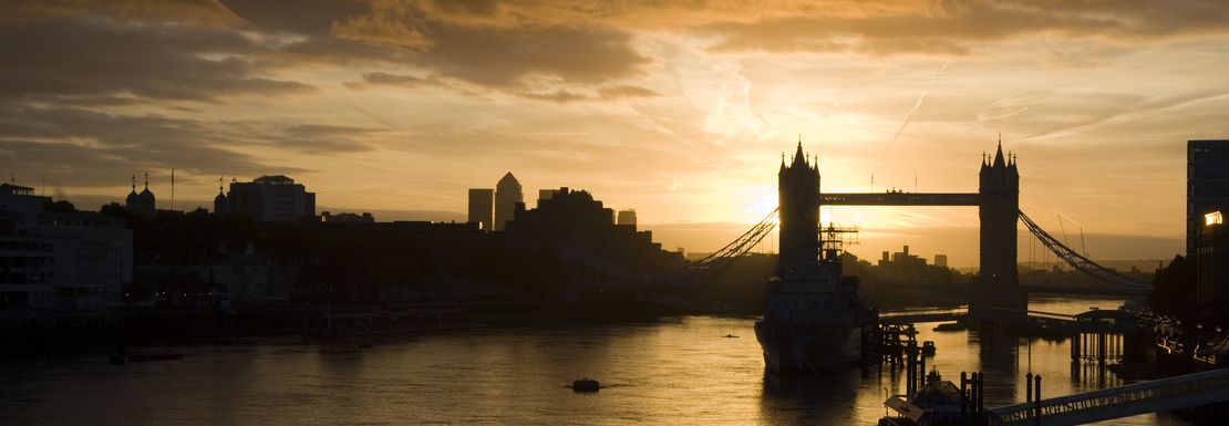 HMS Belfast at the sunset by the river Thames