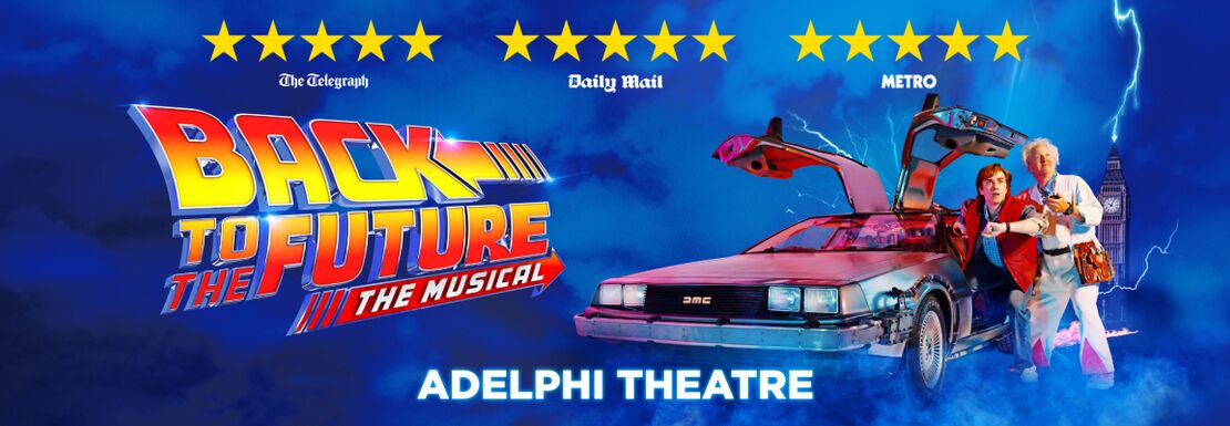 Back to the Future musical in London with Doc Brown and Marty McFly in front of the Delorean