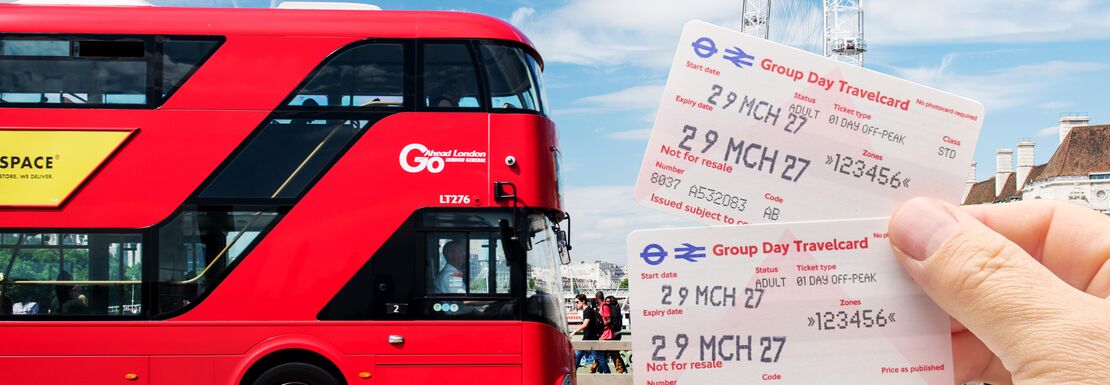 A side view of the red bus and London Eye highlight the usefulness of the travel cards
