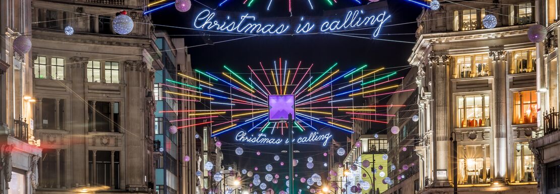 Festive lights saying "Christmas is calling" in London